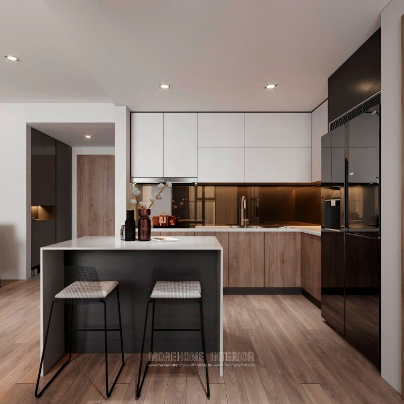 Thiết kế tủ bếp hiện đại âm tường kiểu dáng chữ L giúp tiết kiệm tối đa diện tích cho không gian sống của gia chủ Thiết kế và sản xuất tủ bếp đẹp