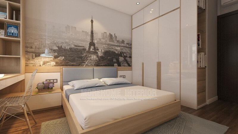 Ý tưởng sáng tạo trong sắp xếp nội thất phòng ngủ nhỏ nhưng tiện ghi với tab đầu giường làm kệ trang trí, tủ quần áo lồng với kệ để đồ cùng đèn thả ấn tượng giúp không gian phòng ngủ luôn đẹp và thông thoáng. Thiết kế phòng ngủ nhà phố