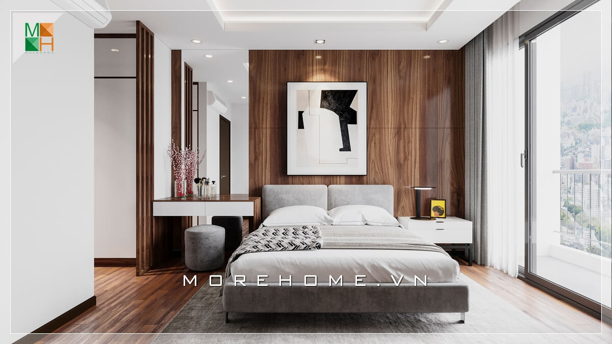 Ấn tượng với tường ốp gỗ đầu giường rất độc đáo và đẳng cấp. Thiết kế phòng ngủ nhà phố