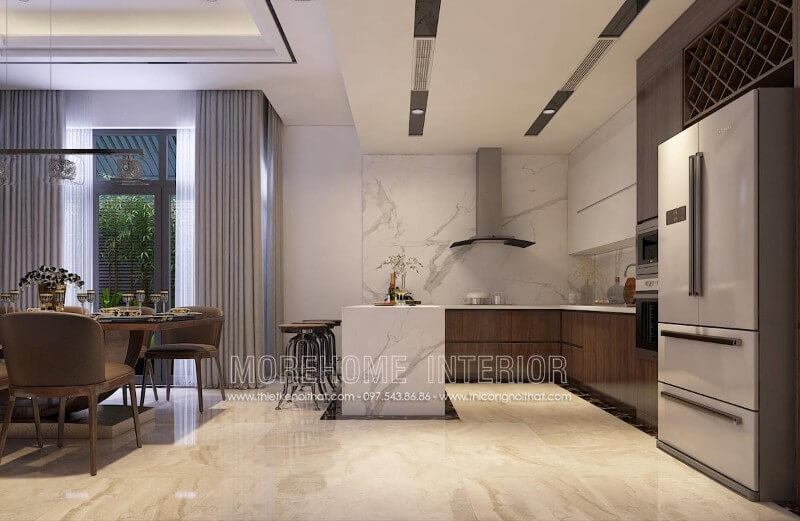 Mẫu thiết kế tủ bếp biệt thự kết hợp bàn đảo, bàn ăn phụ tạo cho gia chủ một không gian nấu nướng và dùng bữa tiện nghi hơn cả Tủ bếp đẹp