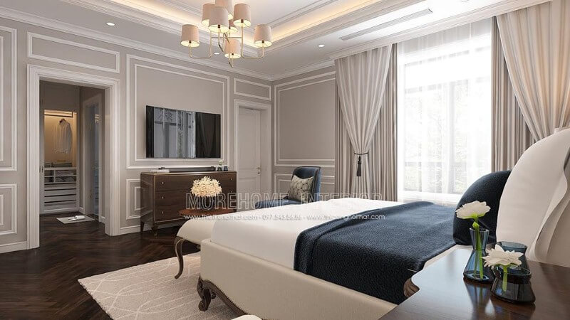 Trang trí nội thất phòng ngủ tân cổ điển có tủ quần áo đối diện giường ngủ khoa học, phong thủy. Thiết kế phòng ngủ