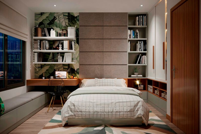 Lựa chọn toàn bộ nội thất phòng ngủ được làm từ chất liệu gỗ công nghiệp đóng vai trò chủ đạo mang lại sự tinh tế, ngăn nắp và nhẹ nhàng Thiết kế phòng ngủ