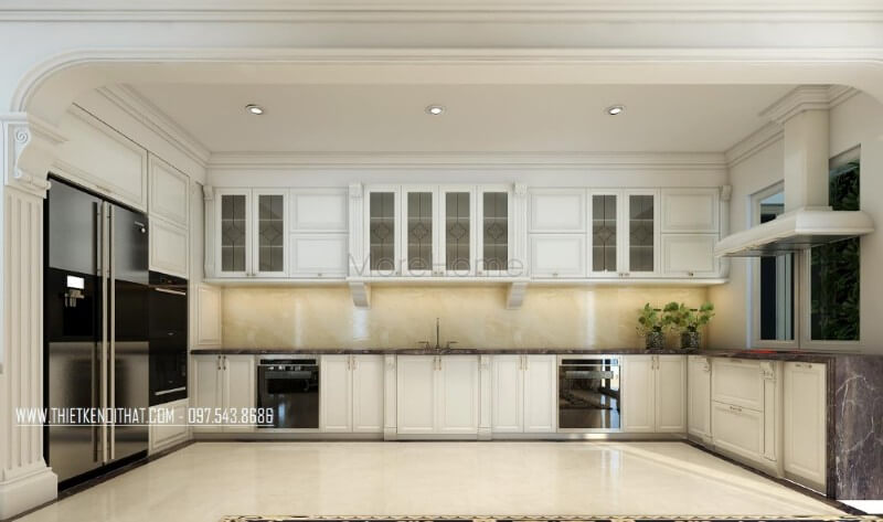 Nội thất phòng bếp được thiết kế theo xu hướng mở, các đường nét trạm khắc tinh xảo được sử dụng kết hợp mang đến sự hài hòa trong thiết kế và góp phần lớn thể hiện phong cách thiết kế hiện đại mà gia chủ muốn theo đuổi và thể hiện. Thiết kế phòng bếp, tủ bếp đẹp