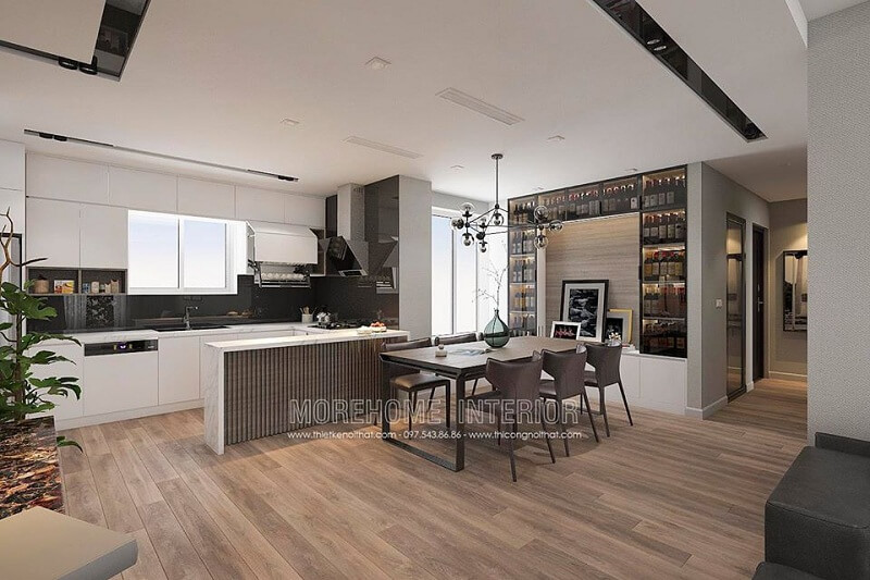 Thiết kế nội thất phòng bếp đẹp với hệ tủ bếp acrylic thông minh cùng bộ bàn ăn gỗ tự nhiện cho căn hộ chung cư thêm sang trọng, đẳng cấp Thiết kế phòng bếp, tủ bếp đẹp