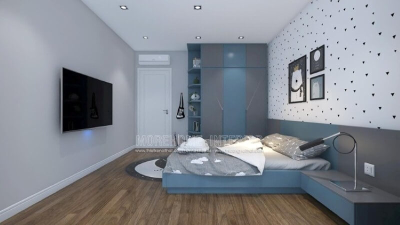 Tủ quần áo gỗ đẹp độc đáo với gam màu nổi bật xanh dương và xám cho phòng bé trai. Thiết kế phòng ngủ nhà phố