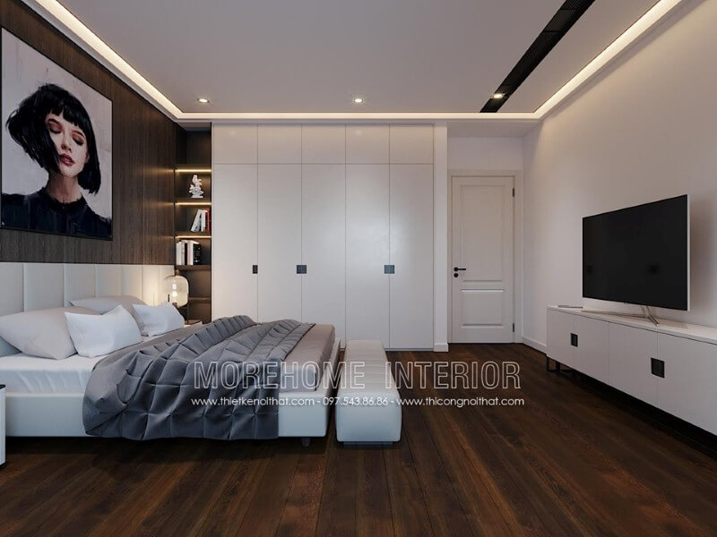 Thiết kế nội thất phòng ngủ ấn tượng với tủ quần áo gỗ An Cường kết hợp kệ trang trí sát giường ngủ. Thiết kế phòng ngủ nhà phố