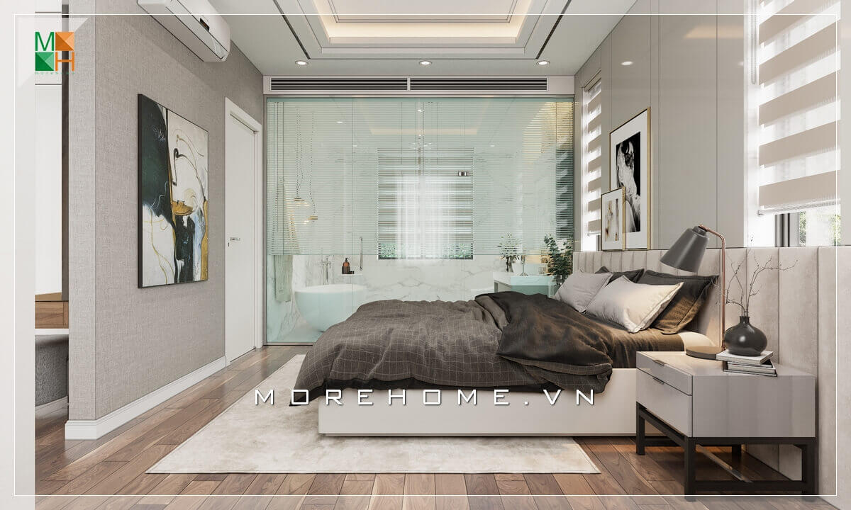 Ấn tượng với thảm trải sàn giường ngủ màu trắng sang trọng, lịch lãm tô thêm vẻ cao cấp cho không gian phòng ngủ. Thiết kế phòng ngủ nhà phố