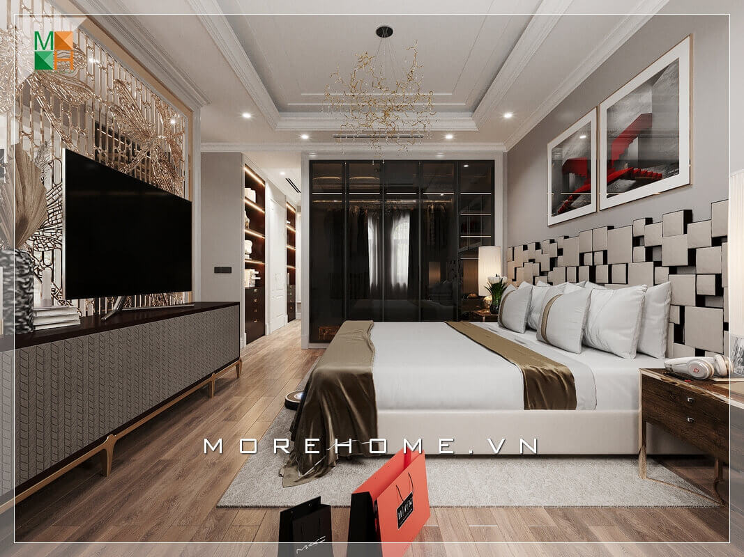 Mẫu giường ngủ hiện đại, độc đáo thể hiện cá tính của gia chủ, khiến căn phòng ngủ trở nên đẳng cấp. Thiết kế phòng ngủ nhà phố