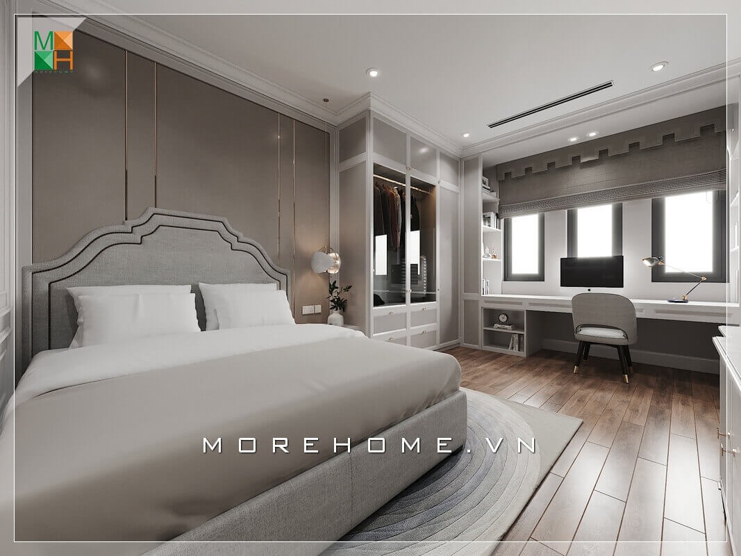 Với hai màu trắng và be là tone màu chủ đạo của căn phòng thì chiếc giường sofa hiện đại màu be là rất phù hợp, không gian căn phòng trở nên sang trọng và tiện nghi hơn rất nhiều. Thiết kế phòng ngủ nhà phố