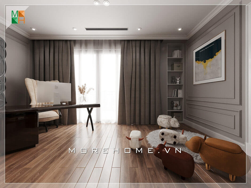 Mẫu thiết kế phòng làm việc chung cư, biệt thự, nhà phố đẹp, bố trí ngăn nắp, có ban công bằng kính rộng tràn đầy ánh sáng. Mẫu nội thất chung cư đẹp