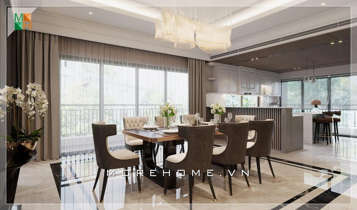Mẫu thiết kế phòng ăn liền phòng bếp sang trọng, đẳng cấp cho biệt thự với hệ cửa kính ban công 4 cánh giúp mở rộng không gian căn phòng và lấy ánh sáng tự nhiên Thiết kế phòng ăn biệt thự