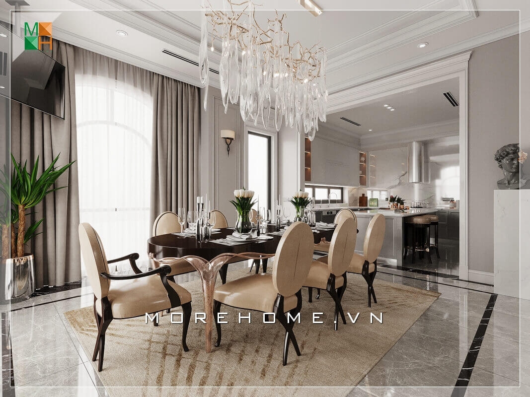 Thiết kế nội thất phòng bếp và phòng ăn đẹp theo phòng cách tân cổ điển cho biệt thự, nhà phố, chung cư cao cấp. Thiết kế phòng ăn biệt thự