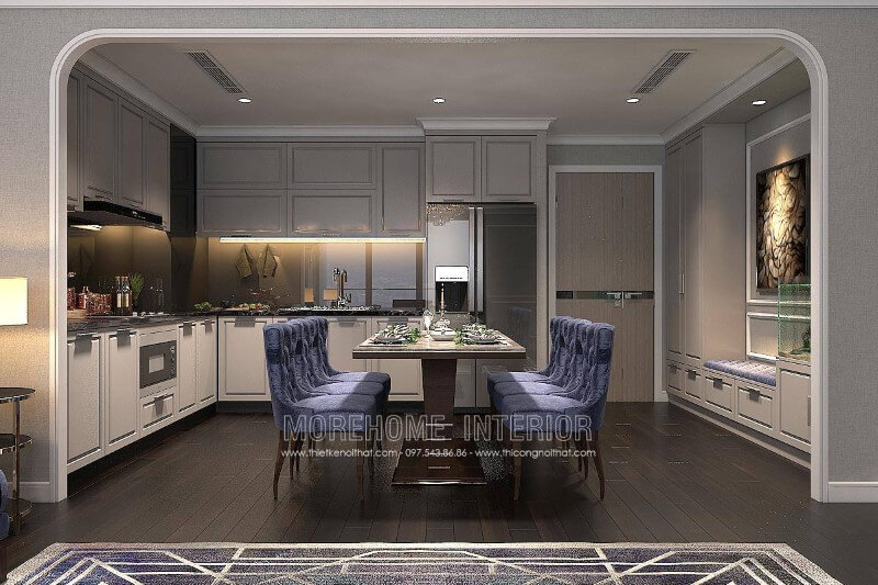 Tủ bếp gỗ công nghiệp sơn trắng với đường nét tân cổ điển đẹp mắt Thiết kế tủ bếp, sản xuất tủ bếp chung cư