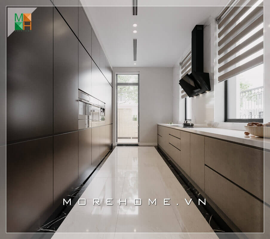 Mẫu thiết kế tủ bếp bằng gỗ công nghiệp chống ẩm ốp mặt đá nhân tạo trắng vân mây cao cấp Thiết kế tủ bếp, sản xuất tủ bếp chung cư