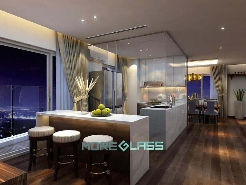 Mẫu thiết kế phòng bếp bằng kính hiện đại cho gia chủ yêu thích sự mới lạ. Thiết kế nội thất phòng bếp