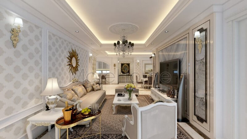 Bộ sofa tân cổ điển được thiết kế rộng vững chãi mang đến cảm giác an toàn và thoải mái cho gia chủ Mẫu nội thất chung cư đẹp