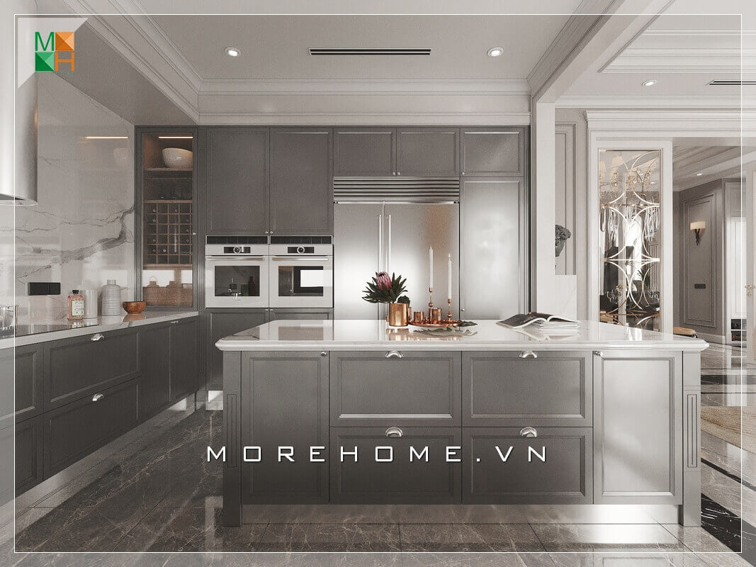 Mẫu tủ gỗ thiết kế âm tường và đảo bếp tiện nghi sang trọng đầy đủ nội thất giúp căn phòng bếp trở nên sang trọng và đẳng cấp. Thiết kế phòng bếp hiện đại