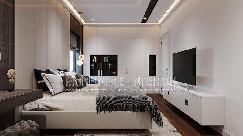 Sắp xếp nội thất phòng ngủ đẹp nổi bật với điểm nhấn trắng sang trọng. Mẫu nội thất biệt thự đẹp