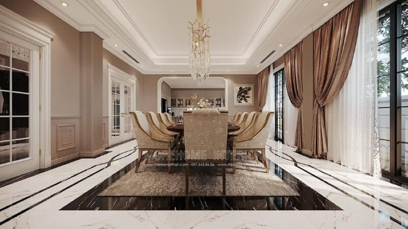 Trang trí nội thất phòng ăn đẹp, sang trọng mang đậm dấu ấn phong cách đương đại nhẹ nhàng, tinh tế. Mẫu nội thất biệt thự đẹp