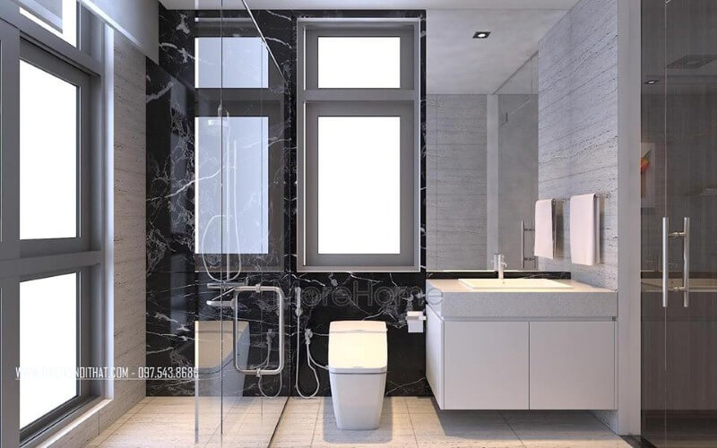 Gương ốp tường hình chữ nhật tạo nét đẹp sang trọng cho phòng tắm biệt thự, nhà phố. Mẫu nội thất biệt thự đẹp