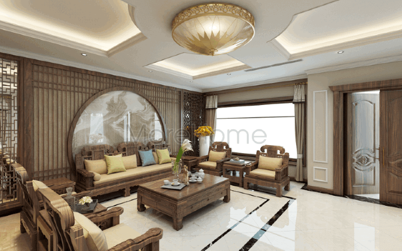 Đường vân uốn lượn sống động từ đá ốp tường cao cấp kết hợp cùng bức vách ốp tường hoa văn trang nhã góp phần tạo nên bức tranh phòng khách Á Đông tuyệt đẹp cho biệt thự Riverside Nguyễn Duy Trinh, Quận 2, Tp. Hồ Chí Minh. Mẫu nội thất biệt thự đẹp