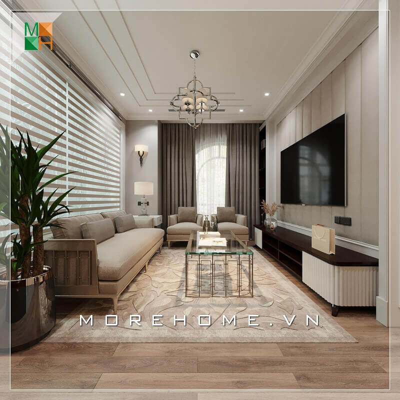 Bộ ghế sofa bọc nỉ màu kem sữa cũng là lựa chọn thông minh cho ngôi nhà, để tôn lên hết vẻ sang trọng của ngôi nhà thì vẫn không thể bỏ qua cái bàn kính hiện đại và đẳng cấp.Tất cả đều hài hòa và tạo nên một kiệt tác hoàn mỹ nhất. Thiết kế nội thất phòng khách nhà phố