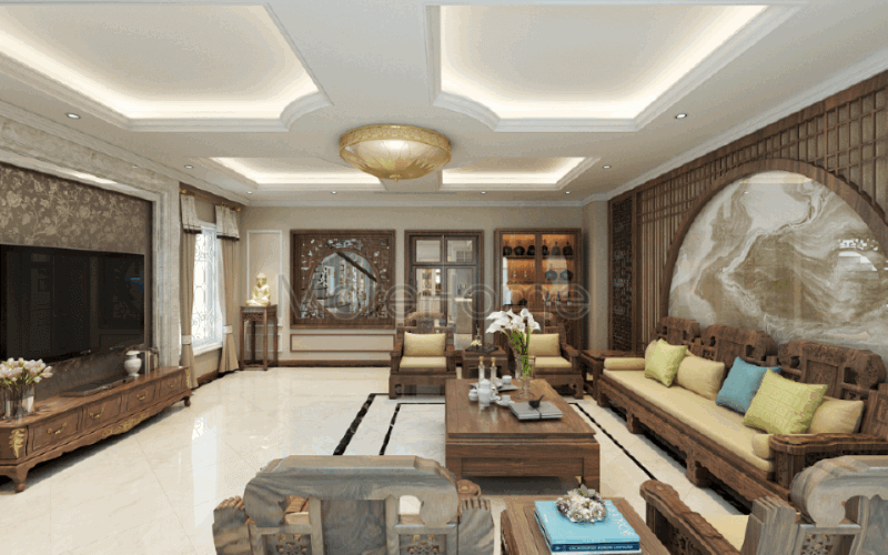 Phòng khách Á Đông sang trọng, đẳng cấp taị biệt thự Riverside Nguyễn Duy Trinh Quận 2, Tp. Hồ Chí Minh. Thiết kế nội thất phòng khách nhà phố