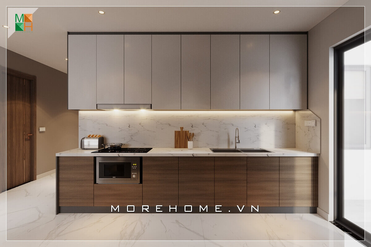 Mẫu thiết kế hệ tủ bếp chữ I bằng gỗ công nghiệp nhiều ngăn, giúp lưu trữ và tìm kiếm đồ thực phẩm một cách dễ dàng khoa học, phù hợp chung cư, nhà phố, biệt thự hiện đại mẫu tủ bếp gỗ công nghiệp An Cường