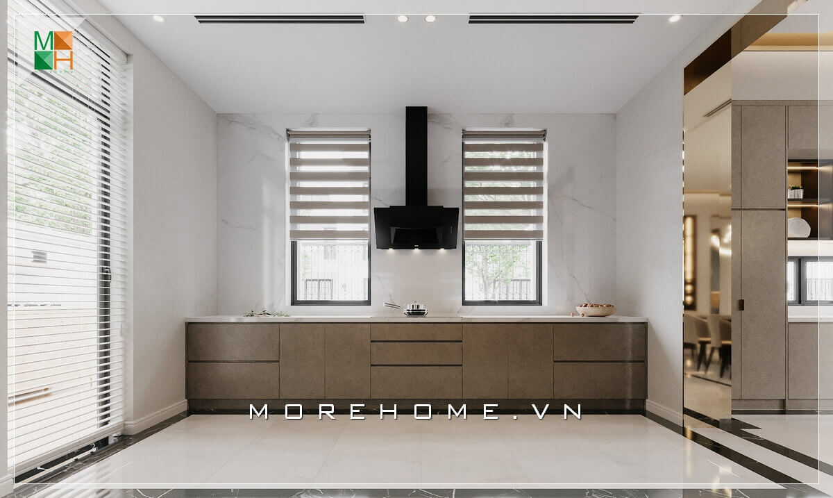 Mẫu phòng bếp với tủ bếp chữ I bằng gỗ công nghiệp chống ẩm kết hợp mặt bàn đá vân mây cao cấp cho chung cư, biệt thự, nhà phố hiện đại Thiết kế tủ bếp chung cư