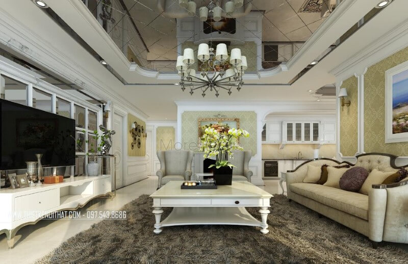 Nội thất phòng khách chung cư tân cổ điển sử dụng hai tone màu chủ đạo là màu trắng và vàng nâu nhẹ cổ điển mang lại sự hài hòa và ấn tượng khu vực tiếp khách của gia chủ Gợi ý các mẫu thiết kế phòng khách tân cổ điển tiện nghi