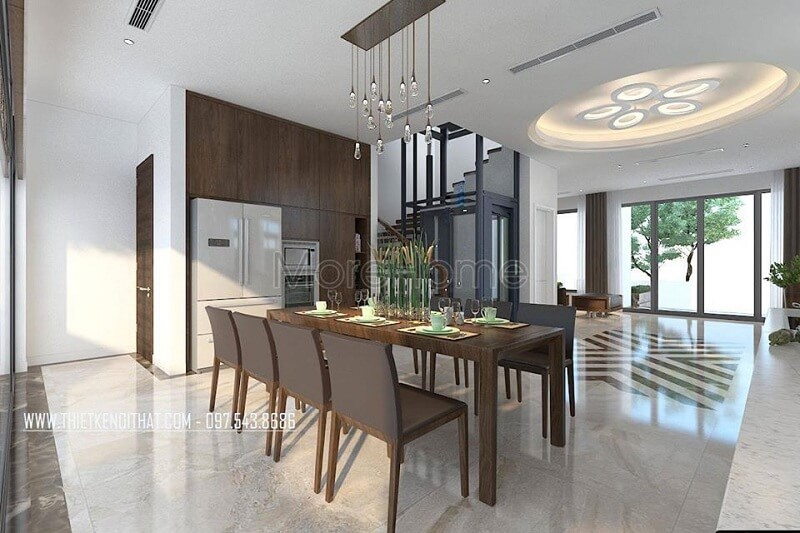 Thiết kế phòng ăn biệt thự đẹp với bộ bàn ăn 8 ghế gỗ tự nhiện đẹp tạo điểm nhấn nổi bật cho không gian Thiết kế phòng ăn biệt thự