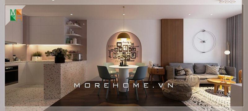 Thiết kế bố cục phòng khách chung cư đơn giản liền phòng ăn và bếp mang đến sự liền mạch, tiện lợi mang phong cách hiện đại.