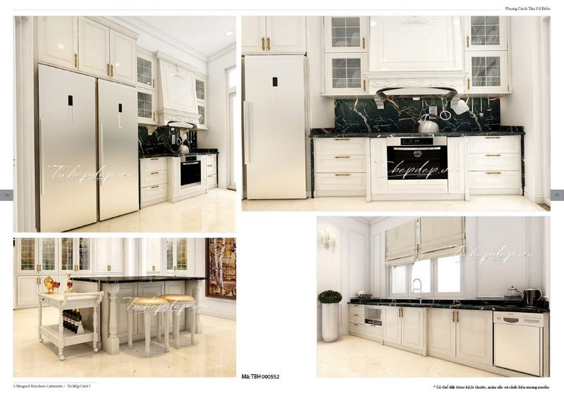 Tư vấn thiết kế phòng bếp theo phong cách tân cổ điển có màu trắng làm chủ đạo nhấn các chi tiết đối lập màu đen cho không gian có chiều sâu