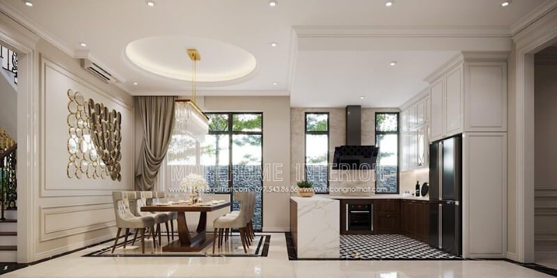 Phong cách đương đại đẹp sang trọng trong bố trí phòng ăn liền bếp.