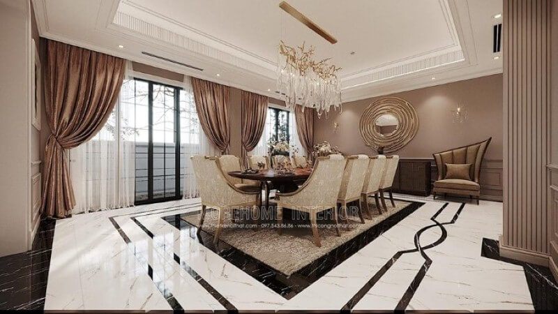 Bộ bàn ăn 10 người đẹp, sang trọng với hoa văn trang trí đẹp mắt tạo điểm nhấn ấn tượng cho không gian đương đại.