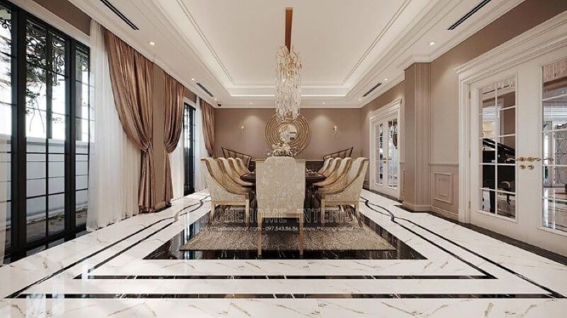 Sắp xếp nội thất phòng ăn đương đại ấn tượng với không gian mở thông thoáng.