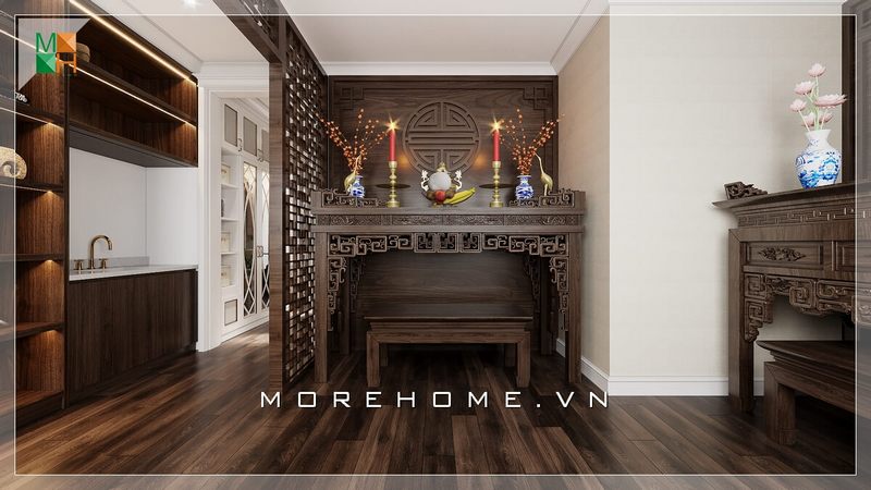 Một góc nhìn tổng quan mẫu thiết kế phòng thờ hiện đại chất liệu gỗ tự nhiên óc chó rất cao cấp và sang trọng cho chung cư, nhà phố, biệt thự.
