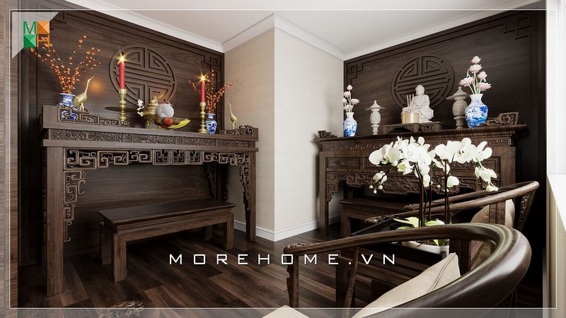 Mẫu thiết kế nội thất phòng thờ 2 bàn thờ đứng tách biệt hiện đại mang lại vẻ tôn nghiêm và mang màu sắc nơi thờ phụng rất tâm linh phù hợp cho chung cư, nhà phố, biệt thự
