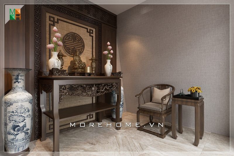 Mẫu thiết kế phòng thờ gỗ có bàn ghế ngồi đẹp, hiện đại. Thiết kế không quá cầu kỳ vẫn mang chút vẻ truyền thống đặc trưng.