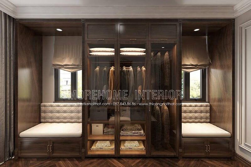 Morehome gợi ý cho khách hàng mẫu tủ quần áo âm tường gỗ óc chó tự nhiên phong cách tân cổ điển trong nhà biệt thự cao cấp