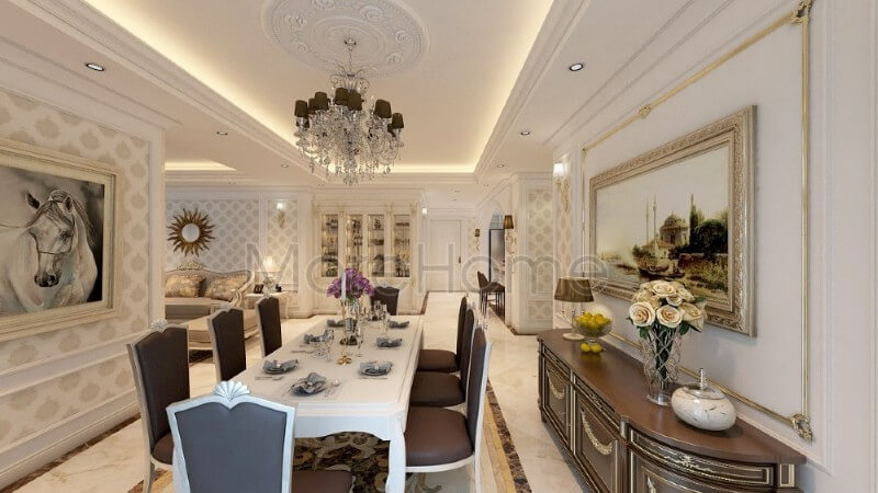 Mẫu bàn ghế ăn tân cổ điển giúp cho gia chủ thuận tiện hơn trong quá trình dùng bữa cũng của mọi thành viên trong gia đình cũng như những buổi tiệc tiếp đãi khách tới chơi nhà