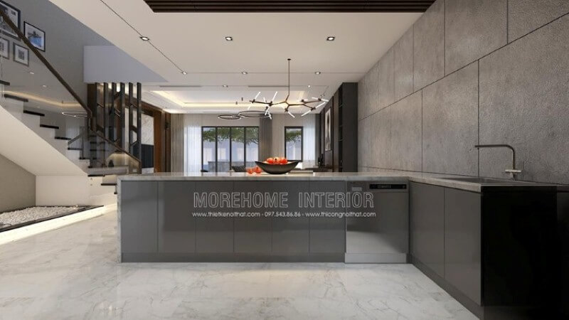 Với ý tưởng trong mẫu trang trí nội thất biệt thự Parkcity trong đây, bạn có thể bố trí ngay không gian đảo tách biệt phòng bếp để có thể phục vụ nhanh nhu cầu của mình mà vẫn đảm bảo nhu cầu tức thời từ bộ tủ đựng đồ được bố trí máy rửa bát, bồn rửa tiện lợi.