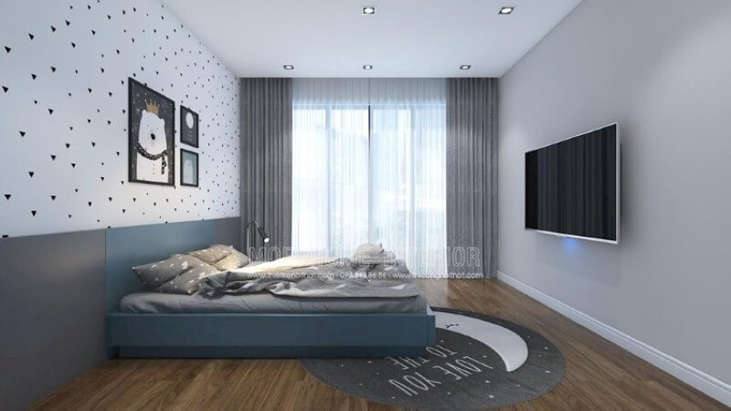 Đối với phòng bé dưới 6 tuổi, ý tưởng trang trí đơn giản nhưng không kém phần sinh động từ giấy dán tường hình tim, tranh hình con vật ngộ nghĩnh