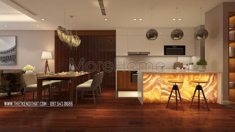 Mẫu tủ bếp chung cư đơn giản kết hợp sư dụng tone màu trắng ấn tượng mang đến cảm giác sạch sẽ, tinh tế nhẹ nhàng, tạo cảm giác cơi nới cho không gian.