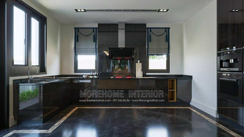 Đây là mẫu tủ bếp chữ L hiện đại được thiết kế sang trọng với chất liệu gỗ công nghiệp bề mặt acrylic bóng gương, đá ốp mặt bàn bếp