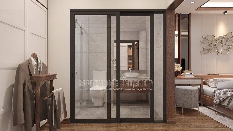 Với không gian diện tích vừa phải việc sử dụng cửa kính trượt sẽ giúp căn phòng trở nên thông thoáng đặc biệt với lớp cửa kính cường lực càng tăng tính mở trong thiết kế phòng ngủ nam khép kín liền phòng tắm, phòng vệ sinh.