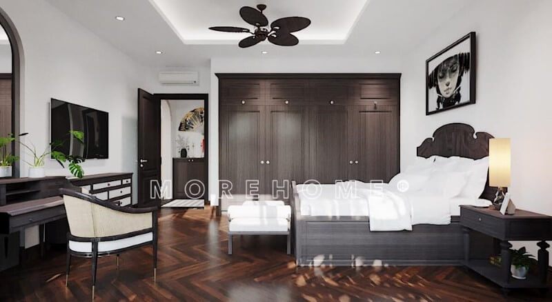 Mẫu tủ quần áo gỗ óc chó âm tường với thiết kế đơn giản giúp tiết kiệm diện tích cho phòng ngủ