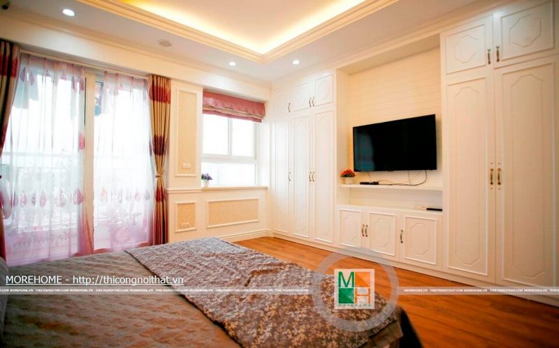 Tủ quần áo kết hợp kệ đựng tivi cho phòng ngủ tân cổ điển