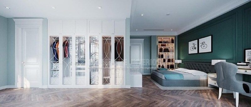 Tủ quần áo sơn trắng âm tường đẹp được bố trí âm tường khá độc đáo trong phòng ngủ.