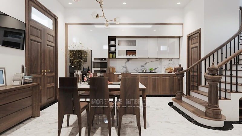 Tủ bếp trên được thiết kế thi công và sản xuất từ chất liệu gỗ công nghiệp acrylic bóng gương màu trắng.